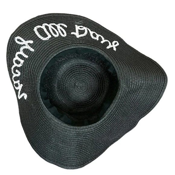 Vacay All Day Straw Floppy Hat Adult One Size Black White Pool Beach Cruise - Picture 4 of 4